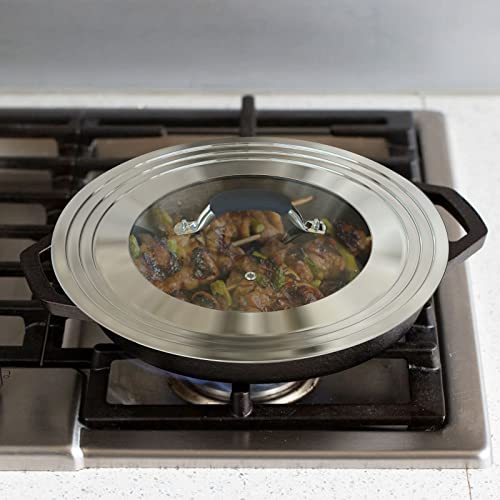 WishDirect 15 Inch Large Universal Pans Pots Lid Cover Fits 11/12/13/14/15" Frying Pans/Pots/Woks, Stainless Steel and Tempered Glass Lid with Vent Hole and Heat Resistant Handle