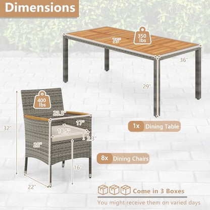 COSTWAY 9-Piece Patio Dining Set for 8, Outdoor Rattan Wicker Table and Chairs Furniture Set with Umbrella Hole, Acacia Wood Tabletop for Backyard, Balcony, Poolside, Grey & White