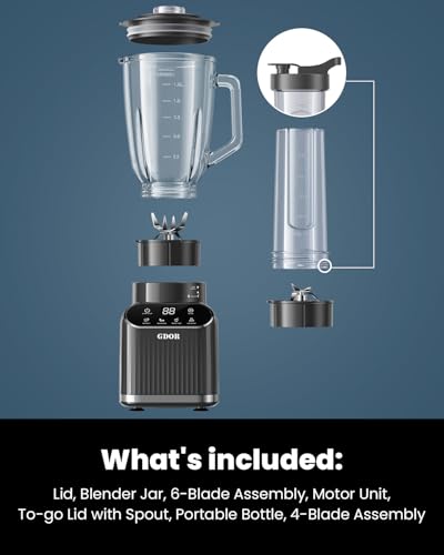 GDOR Smoothie Blender for Kitchen,1200W Glass blender with 5 Smart Programs