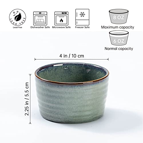 Henten Home Ceramic 8 oz Ramekins Set, Porcelain Souffle Ramekins Set of 6, Creme Brulee Ramekins for Baking, Ice Cream, Pudding, Oven & Microwave Safe Small Bowls, Stackable (Green)
