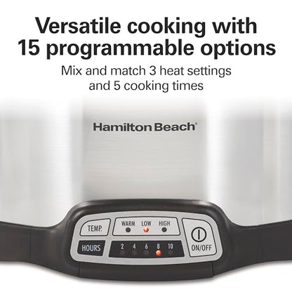Hamilton Beach 4 Quart Programmable Slow Cooker with Flexible Easy Programming, 5 Cooking Times, Dishwasher-Safe Crock & Lid, Silver (33443)