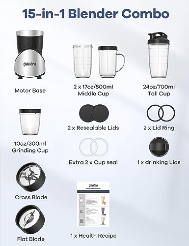 Ganiza Smoothie Blender, 900W Blenders for Shakes and Smoothies, 15-Piece Personal Blender and Grinder Combo for Kitchen, Smoothies Maker with 4 BPA-Free Portable Cup, Nutritious Recipe