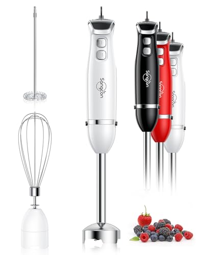 Sangcon Immersion Blender Handheld, 3-in-1 Hand Blender Electric, 400W Handheld Licuadora de mano, Stainless Steel Blade Stick Mixer with Whisk, Milk Frother Attachments White