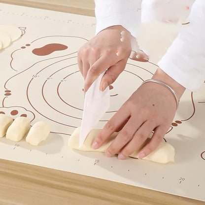 Silicone Dough Mat and Scraper, 25.6 Inch x 17.7 Inch Beige Pastry Mat with Size Scale, Anti Stick and Anti Slip Mat for Kneading Baking in Ketchen, Picnic and Party (L)