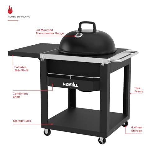 Nexgrill 22" Charcoal Grill with Table Cart and Side Table, 358 SQ In Grate, Adjustable Air Vents, Integrated Temperature Gauge, Mobile Cart Barbecue Grill for Camping, Picnics, and More - 810-0026HC