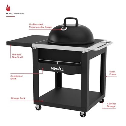Nexgrill 22" Charcoal Grill with Table Cart and Side Table, 358 SQ In Grate, Adjustable Air Vents, Integrated Temperature Gauge, Mobile Cart Barbecue Grill for Camping, Picnics, and More - 810-0026HC