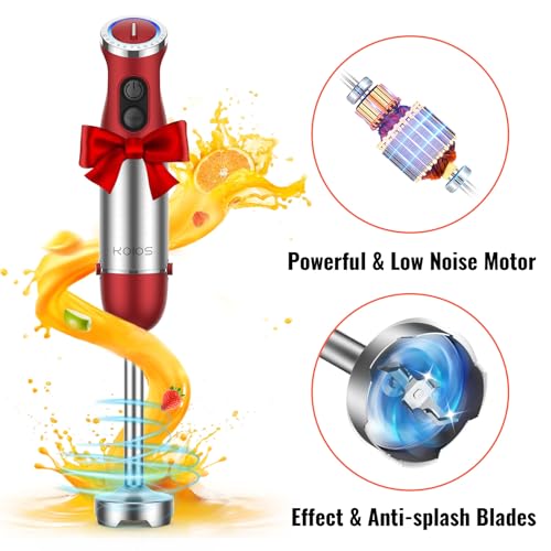 KOIOS 5-in-1 Hand Immersion Blender, 1000W 12 Speed Handheld Blender Stick with Copper Motor Stainless Steel Blade, 600ml Mixing Beaker,500ml Food Processor, Whisk, Milk Frother, Non-BPA, Red