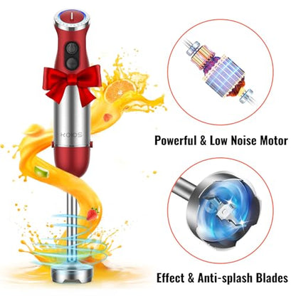 KOIOS 5-in-1 Hand Immersion Blender, 1000W 12 Speed Handheld Blender Stick with Copper Motor Stainless Steel Blade, 600ml Mixing Beaker,500ml Food Processor, Whisk, Milk Frother, Non-BPA, Red
