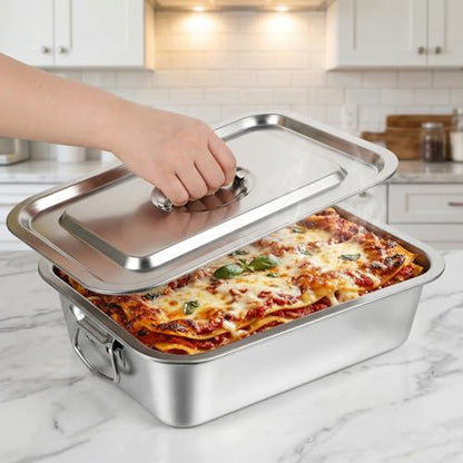 4 Inch Extra Deep Lasagna Pan with Lid and Handles, 14x10.6 Inch Stainless Steel Large Baking Dish Tray, Nonstick Lasagna Baking Thick Metal Roasting Pan for Casserole Brownie Turkey, Silver