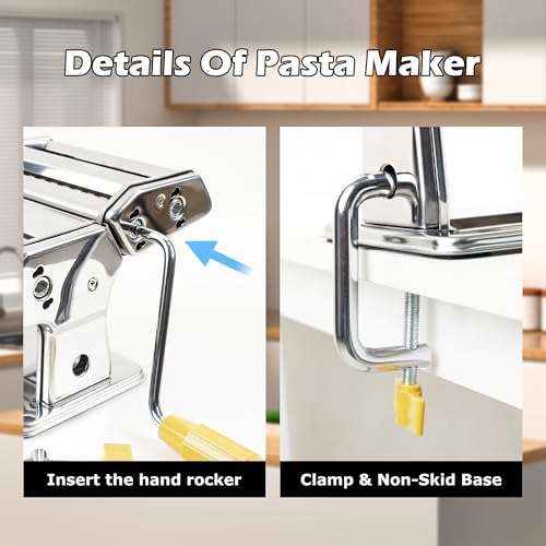 Pasta Maker Machine With 7 Adjustable Thickness Settings, Stainless Steel Manual Noodle Maker,Pasta Roller& Cutters With Removable Handle and Clamp For Kitchen