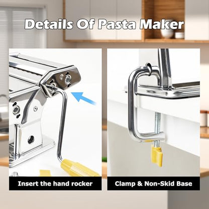 Pasta Maker Machine With 7 Adjustable Thickness Settings, Stainless Steel Manual Noodle Maker,Pasta Roller& Cutters With Removable Handle and Clamp For Kitchen