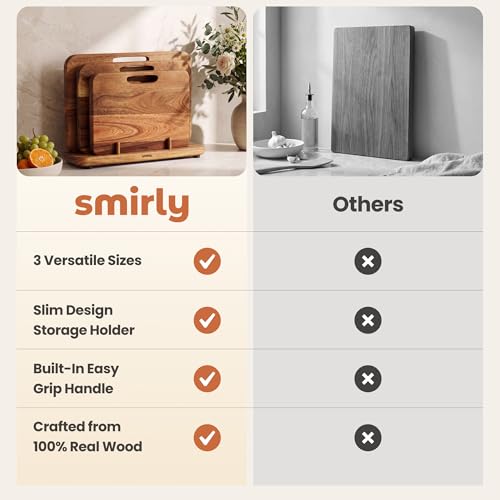 SMIRLY Wooden Cutting Boards for Kitchen, Double-Sided Cutting Board with Handle, Heavy Duty Solid Acacia Wood Cutting Board Set with Stand, 3 Pcs Cutting Boards Non Toxic for Meat Vegetable Fruit