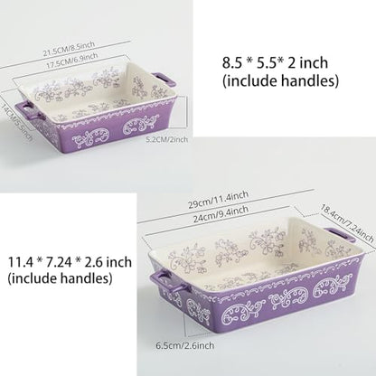 Domini Casserole Dishes for Oven, Ceramic Baking Dishes for Oven Set of 2, Lasagna Pan Deep, Baking Pan Set Square Casserole Dish Set with Handles for Baking, Pattern Purple(11.4+8.5inch)