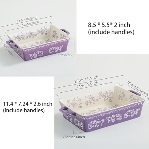 Domini Casserole Dishes for Oven, Ceramic Baking Dishes for Oven Set of 2, Lasagna Pan Deep, Baking Pan Set Square Casserole Dish Set with Handles for Baking, Pattern Purple(11.4+8.5inch)