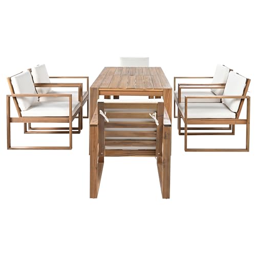 Hlcodca 7 Piece Patio Dining Table Set with Umbrella Hole, Outdoor Acacia Wood Furniture Set with Removable Cushion for Garden, Backyard, Lawn, Poolside (Beige,Light Teak)