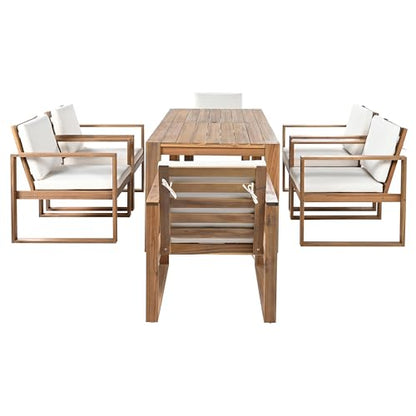 Hlcodca 7 Piece Patio Dining Table Set with Umbrella Hole, Outdoor Acacia Wood Furniture Set with Removable Cushion for Garden, Backyard, Lawn, Poolside (Beige,Light Teak)