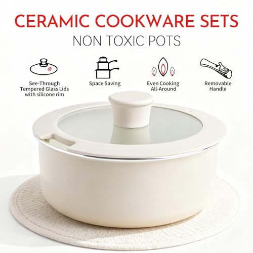 Heapsion 18-Piece Ceramic Nonstick Cookware Set, PFAS/PFOA/PTFE-Free & Non-Toxic Pots and Pans Set with Detachable Handles, Dishwasher Safe & Induction Compatible for Kitchen & RV Cooking
