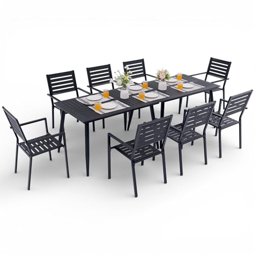 AZXZCS 10-Piece Outdoor Dining Set - Two 47.25" HDPE Patio Tables and 8 Stackable Armrest Chairs - All-Weather Rust-Proof Steel Frame for Garden, Deck(Black)