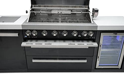 Mont Alpi MAi805-BSSFC 44-inch 6-Burner 115000 BTU Black Stainless Steel Gas Outdoor Kitchen Bar Island Grill w/Wine Cooler Beverage Center Refrigerator + Infrared Side Burner + Granite Countertop