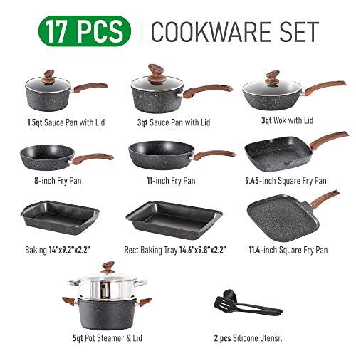 MAISON ARTS 17 Piece Pots and Pans Set Non Stick, Kitchen Cookware Sets with Nonstick Granite Stone Coating, Suitable for Induction Cooktops, Black