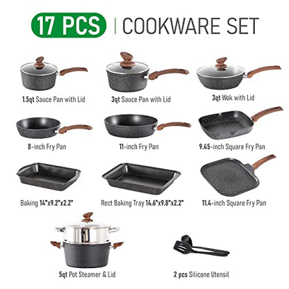 MAISON ARTS 17 Piece Pots and Pans Set Non Stick, Kitchen Cookware Sets with Nonstick Granite Stone Coating, Suitable for Induction Cooktops, Black