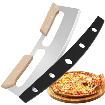 Gicyiit Pizza Cutter Rocker Blade with Wooden Handle, Premium 14inch Pizza Knife Rocker Cutter with Sharp Stainless Steel Blade and Protective Cover, Slicing Through Crust in One Single Rocking Motion