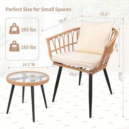 VineBreeze 3-Piece Patio Dining Set, Featuring a Round PE Rattan Table and 2 Chairs, Suitable for Bedrooms, Porches and Gardens All-Weather Furniture Set Includes Tempered Glass, Thick Cushions