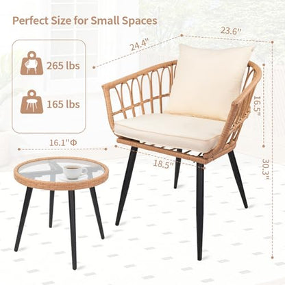 VineBreeze 3-Piece Patio Dining Set, Featuring a Round PE Rattan Table and 2 Chairs, Suitable for Bedrooms, Porches and Gardens All-Weather Furniture Set Includes Tempered Glass, Thick Cushions