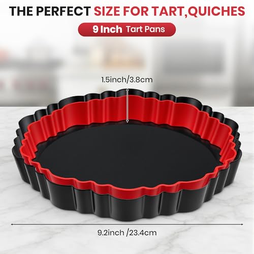 Maywe Tanso Upgraded 9 Inch Tart Pan with Removable Bottom, Non-Stick Deep Fluted Carbon Steel Quiche Pan, Includes Crust Shaper Ring - Quiche Baking Dish Tart Mold for Baking, Party & Festival