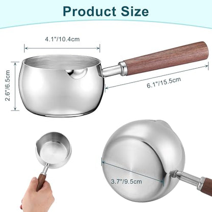 Mornajina 500ML 17oz Stainless Steel Milk Butter Warmer Pot, Mini Sauce Pot with Wooden Handle, Heating Milk, Melting Butter, Warming Sauces