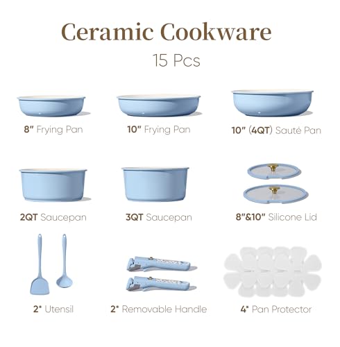 CAROTE 15Pcs Ceramic Cookware Set, Pots and Pans Set Non Stick, Kitchen Cooking Set with Detachable Handle, Non Toxic Induction Cookware, Dishwasher/Oven Safe