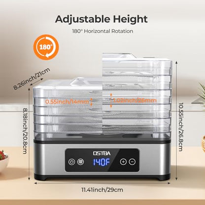OSTBA Food Dehydrator, 5 Stainless Steel Trays, 400W Powerful Drying, 48H Timer & 95–160°F Temp Control, Quiet Small Dryer for Jerky, Fruits, Herbs, Mushrooms, BPA-Free, Recipes Included