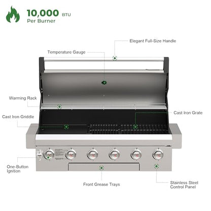 Brand-Man Propane Gas Grill, 40-Inch 6-Burner Built-In Head BBQ Island Outdoor Kitchen, Natural Gas Convertible, Heavy Duty 304 Stainless Steel, 60,000BTUs