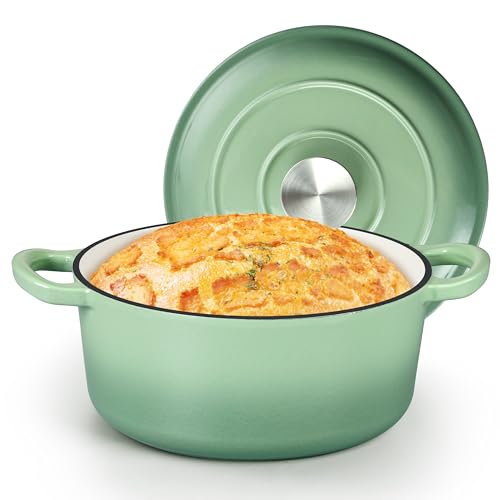 Small 3 Quart Dutch Oven, HaSteeL Round Cast Iron Cooking Pot with Lid, Nonstick Enameled Cookware for Sourdough Bread Baking Roasting Stewing Braising Frying, Heavy Duty & Oven Safe 500℉, Green