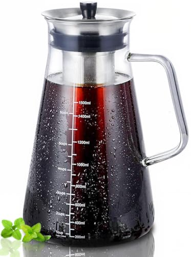 Aquach Airtight Cold Brew Coffee (Iced Tea) Maker 51oz/1.5L, BPA-Free, Durable Borosilicate Glass Pitcher and Stainless Steel Fine-Mesh Filter, Dishwasher Safe, Spill-proof, 6 Cups Capacity