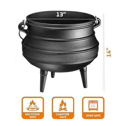 Bruntmor 8-Quart Pre-Seasoned Cast Iron Cauldron - African Potjie Pot with Lid - 3-Legged Pot for Even Heat Distribution - Outdoor Cast Iron Dutch Oven Cookware for Campfire Cooking and Boiling