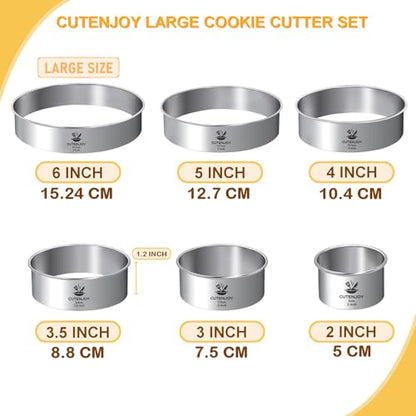 CUTENJOY 6 PCS Round Cookie Cutters (2, 3, 3.5, 4, 5, 6 Inch), Stainless Steel Biscuit Cutters For Baking, Large Circle Cookie Cutter for Baking, Pastry, Donuts, Fondant, Sandwich