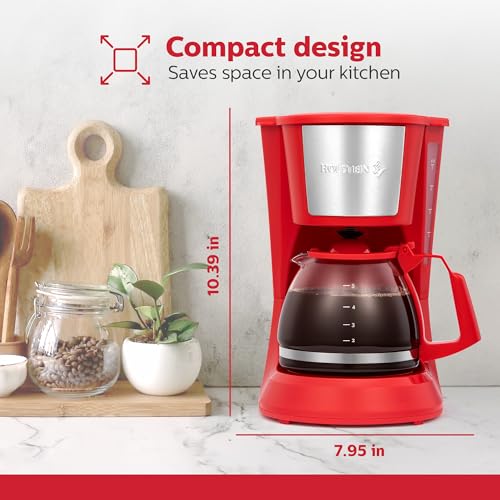 Holstein Housewares 5 Cup Drip Coffee Maker – Compact and User-Friendly with Auto Pause & Serve, Reusable Filter, Measuring Spoon & Glass Carafe, Office & Dorm Use, Red