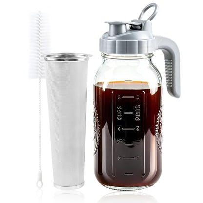 Cold Brew Coffee Maker 64oz Mason Jar Pitcher with Stainless Steel Filter
