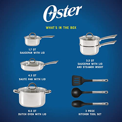 Oster Sangerfield 12-Piece Stainless Steel Cookware Set With Kitchen Tools, Non-Stick Pots and Pans, Durable Oven Safe Cookware for Home Cooking