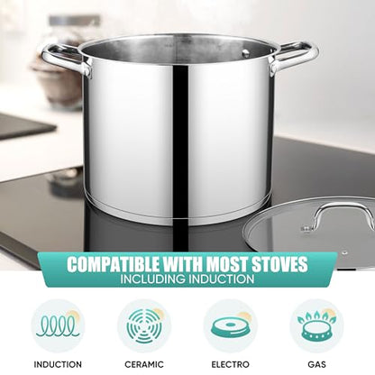 E-far 14 Quart Stainless Steel Stock Pot, Heavy Duty Induction Stockpot with Glass Lid for Cooking Soup Canning, Thick Tri-Ply Bottom & Riveted Handles, Compatible with All Stoves, Dishwasher Safe