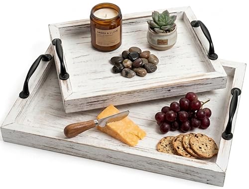Rustic Serving Tray with Handles - 2 Nesting Trays for Serving Food - Wooden Tray for Decor, Coffee Table & Ottoman - Large Serving Tray with Distressed White Finish to Complement Any Decor