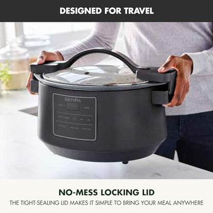 GreenPan 8QT Locking Lid Slow Cooker, Ceramic Nonstick PFAS-Free Removeable Bowl, Silicone & Glass Rim, Travel Friendly, Multi-Cooker, Stovetop Searing & Oven Safe 400°F Dishwasher Safe Parts,Graphite