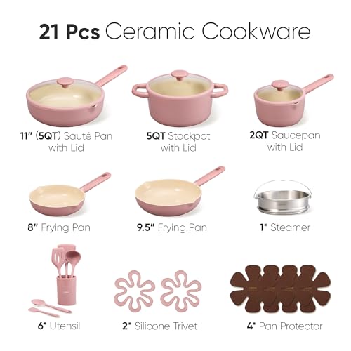 CAROTE 21pcs Cookware Set Nonstick Pots and Pans Set, Ceramic Cookware Set Induction Cookware, Non toxic Healthy Non Stick Kitchen Cooking Set, PFAS PTFE Free