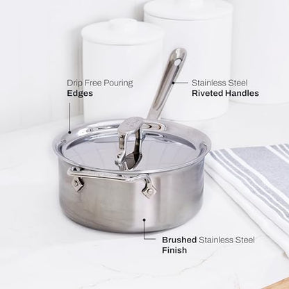 All-Clad D5 5-Ply Stainless Steel Sauce Pan 3 Quart Induction Oven Broiler Safe 600F Pots and Pans, Cookware Silver