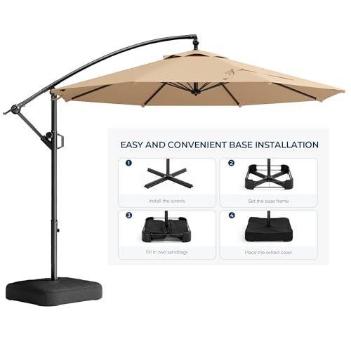 HOMSHADE 10ft Offset Patio Umbrella with Base Included, Cantilever Offset Hanging Patio Outdoor Market Umbrella UPF50+ UV Protection with Easy Tilt and Crank for Pool Deck and Garden(Beige)