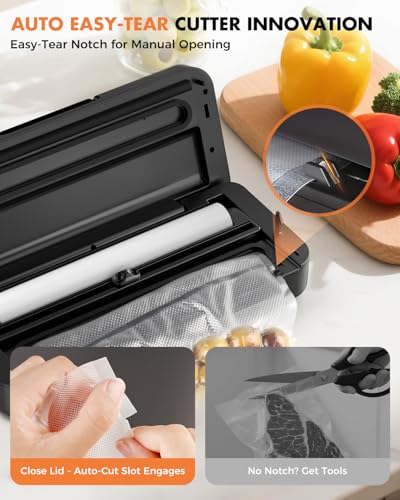 UPRUBE Vacuum Sealer for Food, 95kPa Food Saver Machine, 135W Fast-Sealing with Easy Tear Cutter, Built-in Bag Storage, 9-in-1 Compact with 10 ft Bag Roll