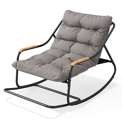 DWVO Outdoor Rocking Chair, Over-Sized Patio Rocking Chair with Removable Cushion, All-Weather Lounge Chair Outdoor Porch Rockers for Lawn, Garden, Backyard, Black