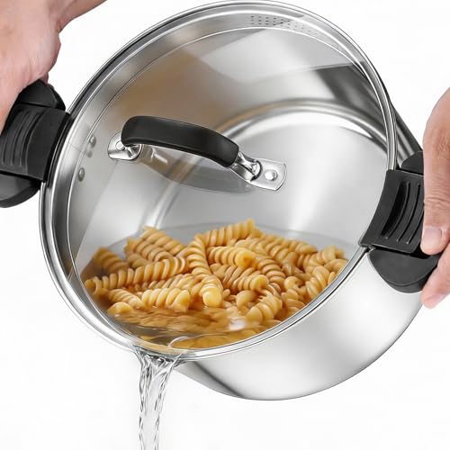 P&P CHEF Pasta Pot with Strainer Lid, 6 Quart Stainless Steel Stock Pot For Kitchen Cooking Boiling, Visible Glass lid & Heat-Proof Lockable Handles, Dishwasher Safe