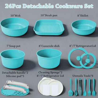 Fnorant 24 Pcs pots and pans set,cookware set non stick,pots and pans set Oven-safe and dishwasher-safe,PFAS/PFOA Free,Induction Dishwasher Oven Safe cookware set (Blue)